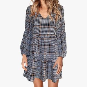 Houndstooth pattern Swing Shift Dress Long Sleeve V Neck Tunic Dress